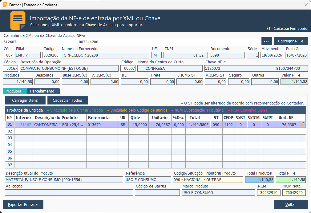 Partner ERP — Entrada: Importação XML