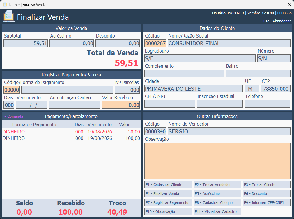 Partner ERP — PDV: Finalização de Venda