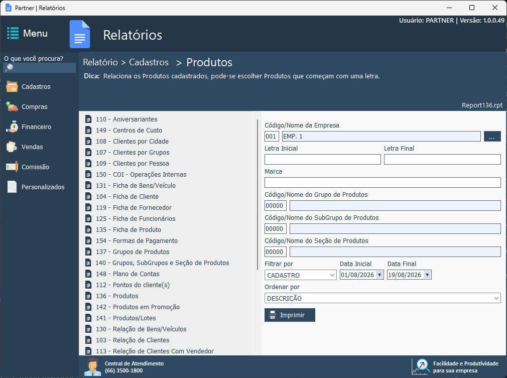 Partner ERP — Relatórios: Cadastros